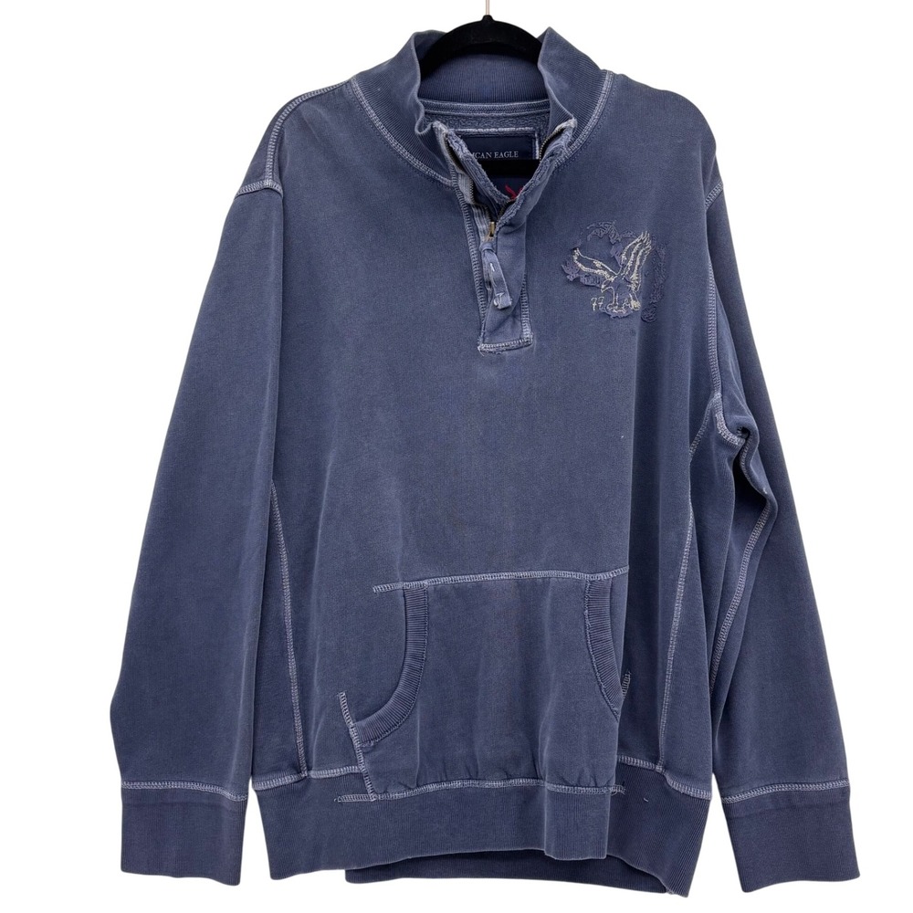 Vintage Y2K American Eagle Mens Quarter Zip Sweatshirt XL Blue Pocket Preppy‎